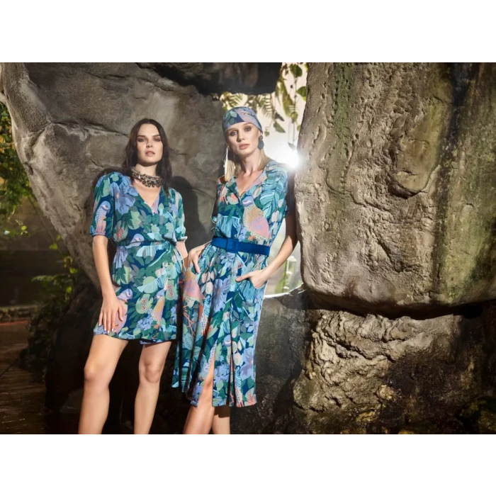 Kuş Ve Yaprak Desenli Önü Düğmeli Elbise