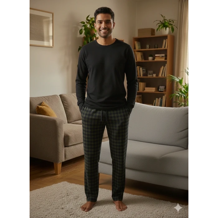 Pijalüx Tek Alt Örme Ekose Ev Pantolonu