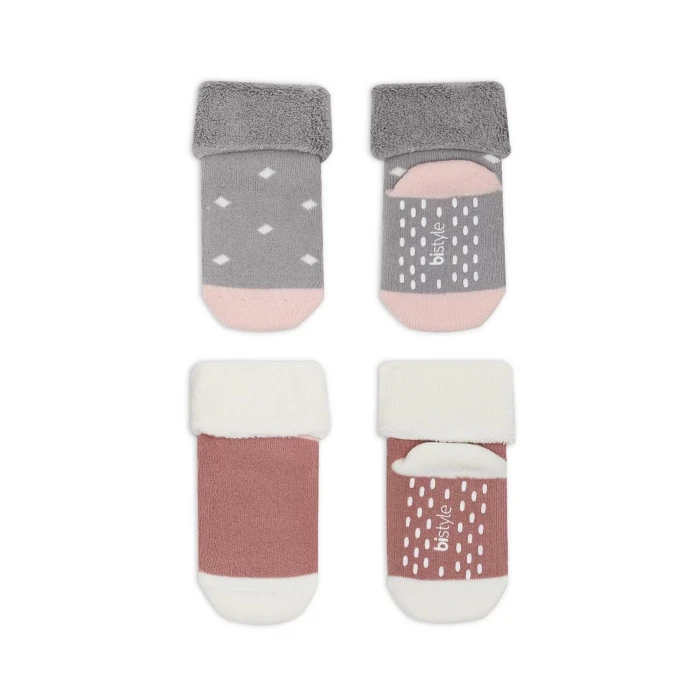 Puanlı Kaymaz Havlu Soket Çorap 2li  Gri Pudra