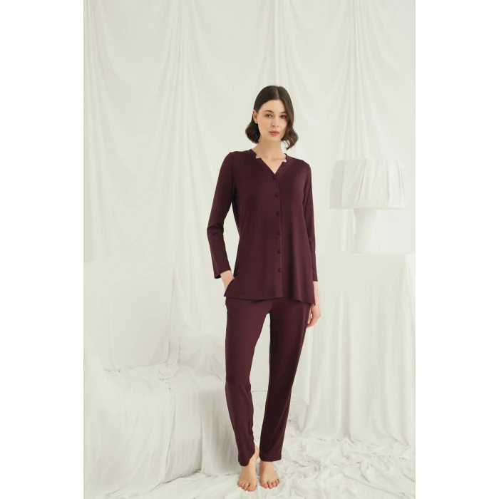 Uzun Kollu Boydan Düğmeli V Yaka Pijama Takımı