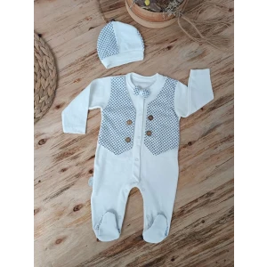 0-3 3-6 6-9 Ay Şapkalı Yelek Detaylı Boydan Çıtçıt Erkek Bebek Tulumu Ekru