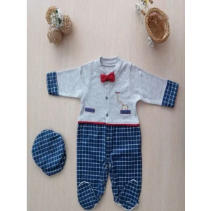 0-3 3-6 Ay Cep Saatli Kasketli Papyonlu Erkek Bebek Tulum Lacivert