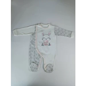 0-3 3-6 Ay Minik Tavşan Nakışlı Boydan Çıtçıt Kapamalı Kız Erkek Bebek Tulumu Ekru