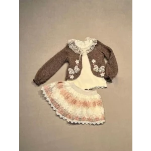 1-2-3 Yaş Brode Etekli Örme Hırkalı Uzun Kollu Sweat 3lü Kız Çocuk Takımı Kahverengi