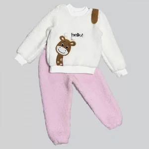 1-2-3 Yaş Hello Zürafa Nakışlı Kuzu Kumaş Sweat Pantolon Uzun Kollu Kız Erkek 2 Li Takımı Pembe