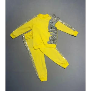 1-2-3 Yaş Payetli Pelüş Tavşan Desenli Likra Penye Kumaş Sweat Pantolonlu Kız 2li Çocuk Takımı Sarı