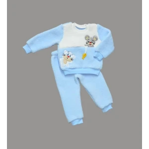 1-2-3 Yaş Sallanan Balık Nakışlı Kuzu Kumaş Sweat Pantolon Uzun Kollu Kız Erkek 2 Li Takımı Mavi