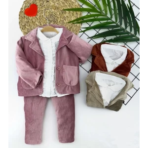 2-3-4-5 Yaş Düğme Kapamalı Fırfır Gömlekli Kadife Ceket Pantolon 3lü Kız Bebek Takımı Kahverengi