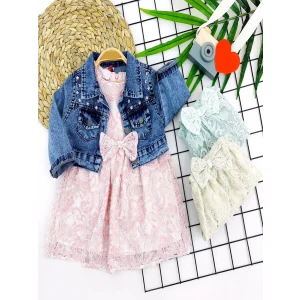 2-3-4-5 Yaş Kot Ceketli Astarlı Güpürlü 2li Kız Çocuk Elbisesi Krem