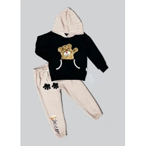 2-3-4 Yaş Pelüş Ayı Desenli Kapşonlu Uzun Kollu Penye Sweat 2li Erkek Çocuk Takımı Siyah