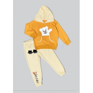 2-3-4 Yaş Pelüş Ayı Desenli Kapşonlu Uzun Kollu Penye Sweat 2li Erkek Çocuk Takımı Turuncu