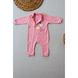 3-6 18-24 24-36 Ay Uçan Balonlar Nakışlı Ef Boy Fermuarlı Kız Bebek Tulumu Pembe