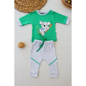 3-6 6-9 9-12 12-18 Ay Yavru Koala Nakışlı Uzun Kollu Sweat 2li Kız Erkek Bebek Takımı Yeşil