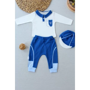 3-6 6-9 9-12 Ay Efendi Nakışlı Cep Şapkalı Uzun Kollu Sweat 3lü Erkek Bebek Takımı İndigo