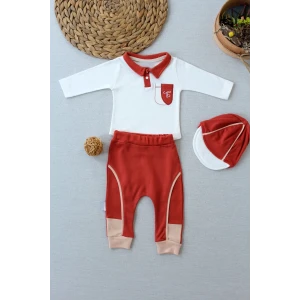 3-6 6-9 9-12 Ay Efendi Nakışlı Cep Şapkalı Uzun Kollu Sweat 3lü Erkek Bebek Takımı Kiremit