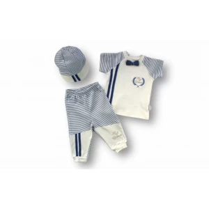 3-6 6-9 9-12 Ay My Prince Nakışlı Şapkalı Kısa Kollu Sweatli 3lü Erkek Bebek Takımı Ekru