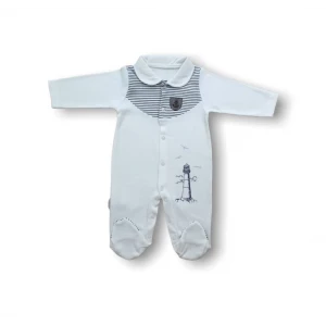 3-6 6-9 Ay Deniz Feneri Nakışlı Patikli Uzun Kollu Erkek Bebek Tulumu Ekru