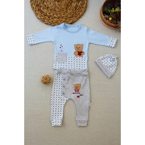 3-6 9-12 12-18 Ay Romantik Ayıcık Nakışlı Şapkalı Uzun Kollu Sweatli 3lü Kız-erkek Bebek Takımı Mavi