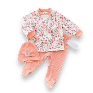 3-6-9-12 Ay Çiçek Baskılı Şapkalı Çıtçıt Kapamalı Patikli 3lü Kız Bebek Takımı Somon