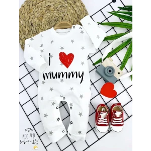 3-6-9-12 Ay Gümüş Yıldız I Love Mummy Baskılı Uzun Kollu Kız Erkek Bebek Tulumu Beyaz