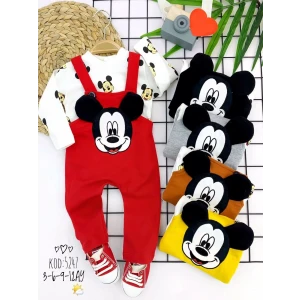 3-6-9-12 Ay Mickey Figürlü Uzun Kollu Baskılı Sweatli 2li Kız Erkek Bebek Salopet Takımı Kırmızı