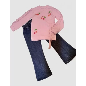 4-5-6 Yaş Kot Pantolonlu Kiraz Desenli Penye Sweat Uzun Kollu 2li Kız Çocuk Takımı Pembe