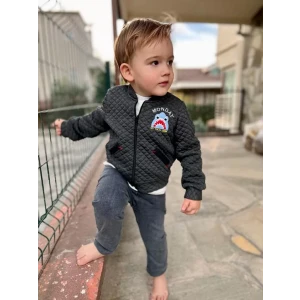 4-5-6 Yaş Kot Pantolonlu Pilot Mont Uzun Kollu Penye Sweat 3lü Erkek Çocuk Takımı Füme