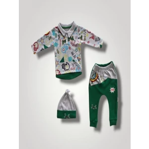 6-9 12-18 18-24 Ay Power Kedi Nakışlı Uzun Kollu Sweat Şapkalı 3lü Kız Erkek Bebek Takımı Yeşil