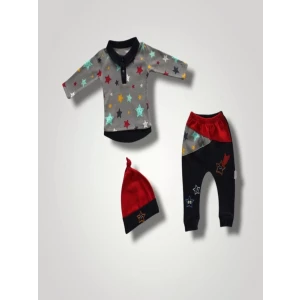 6-9 12-18 18-24 Ay Samanyolu Yıldızlar Baskılı Uzun Kollu Sweat Şapkalı 3lü Kız Erkek Bebek Takımı Lacivert