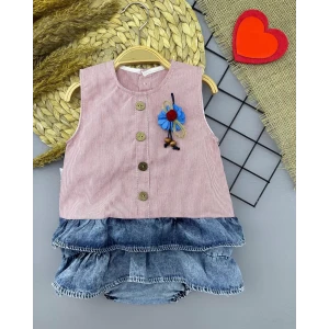 6-9-12-18 Ay Gül Rozet Detaylı Kot Kilotlu Etek Kız Bebek Elbisesi Gül Kurusu