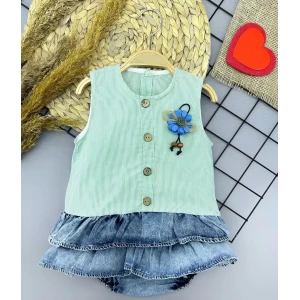 6-9-12-18 Ay Gül Rozet Detaylı Kot Kilotlu Etek Kız Bebek Elbisesi Yeşil