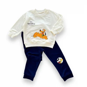 6-9-12-18 Ay Köpek Baskılı Pamuk Penye Kumaş Erkek Bebek Takımı Lacivert