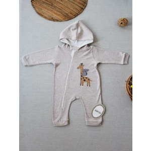 6-9 9-12 Ay Ef Çizgi Boy Fermuarlı Zürafa Nakışlı Kapşonlu Kız Erkek Bebek Tulumu Kahvemelanj