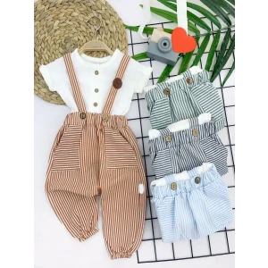 9-12-18-24 Ay Pamuk Keten Cepli Çizgili 2li Erkek Bebek Salopet Takımı Yeşil