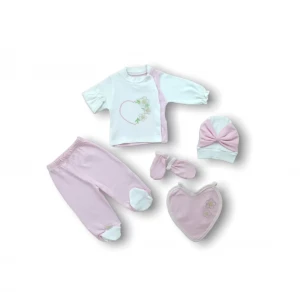 Baharın Çiçekli Kalbi Nakışlı  5li Zıbın Takımı Hastane Çıkışı Pembe