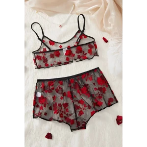 Çiçek Desenli Siyah Transparan Şortlu Gecelik Tm1377