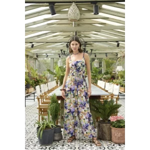 Çiçek Ve Yaprak Desenli İp Askılı Tulum