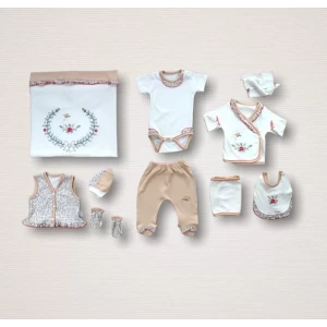 Erguvan Taç Nakışlı  Kız Bebek 10lu Zıbın Takımı Hastane Çıkışı Nar Çiçeği