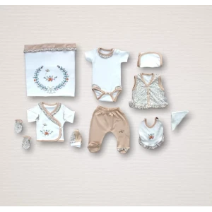 Erguvan Taç Nakışlı  Kız Bebek 10lu Zıbın Takımı Hastane Çıkışı Turuncu