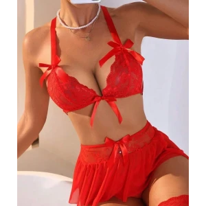 Fantazi Kırmızı Dantelli Fiyonklu Seksi Babydol