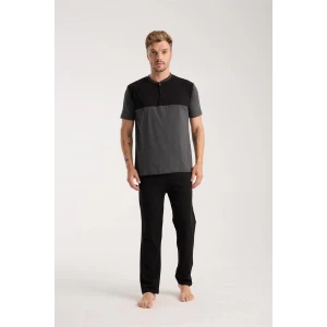 Giyim Erkek Antrasit Düğmeli Yaka Kısa Kol Pijama Takımı