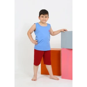 Giyim Erkek Çocuk Sıfır Kol Şortlu Mavi Penye Pijama Takımı