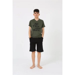 Giyim Erkek Genç Garson Boy Kısa Kol Haki Penye Şortlu Pijama Takımı