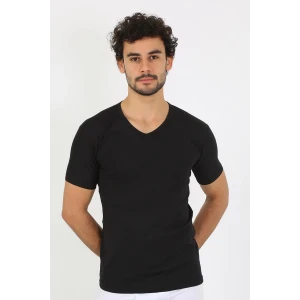 Giyim Erkek Likralı V Yaka Siyah T-Shirt