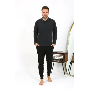 Giyim Erkek Polo Yaka Uzun Kol Penye Pijama Takımı Antrasit