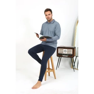 Giyim Erkek Polo Yaka Uzun Kol Penye Pijama Takımı Gri