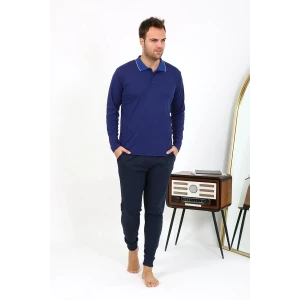 Giyim Erkek Polo Yaka Uzun Kol Penye Pijama Takımı Lacivert