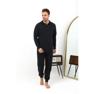 Giyim Erkek Polo Yaka Uzun Kol Penye Pijama Takımı Lacivert