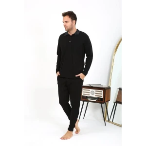 Giyim Erkek Polo Yaka Uzun Kol Penye Pijama Takımı Siyah