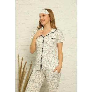 Giyim Kadın %100 Pamuk Önden Düğmeli Kısa Kol Pijama Takım Ekru